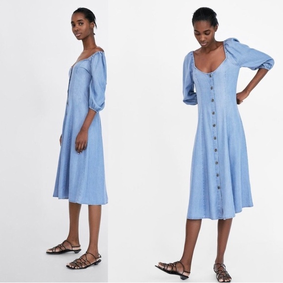 Zara off the shoulder chambray Lyocell dress - Picture 2 of 10